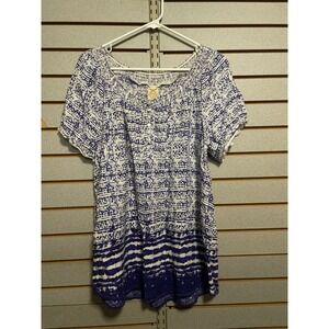 Faded Glory Women Plus Size XL 16 18 Off Shoulder Smocked Top Blue White Rayon